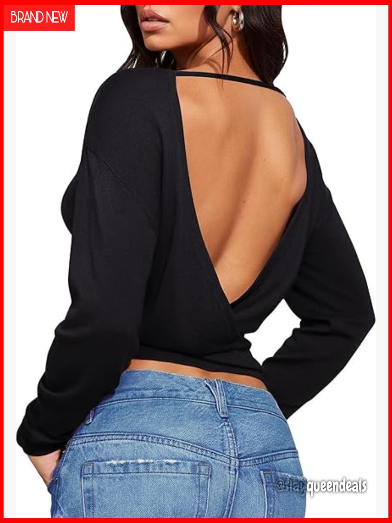 Long Sleeve Crop Top With Open Back And Cinched Waist For Going Out